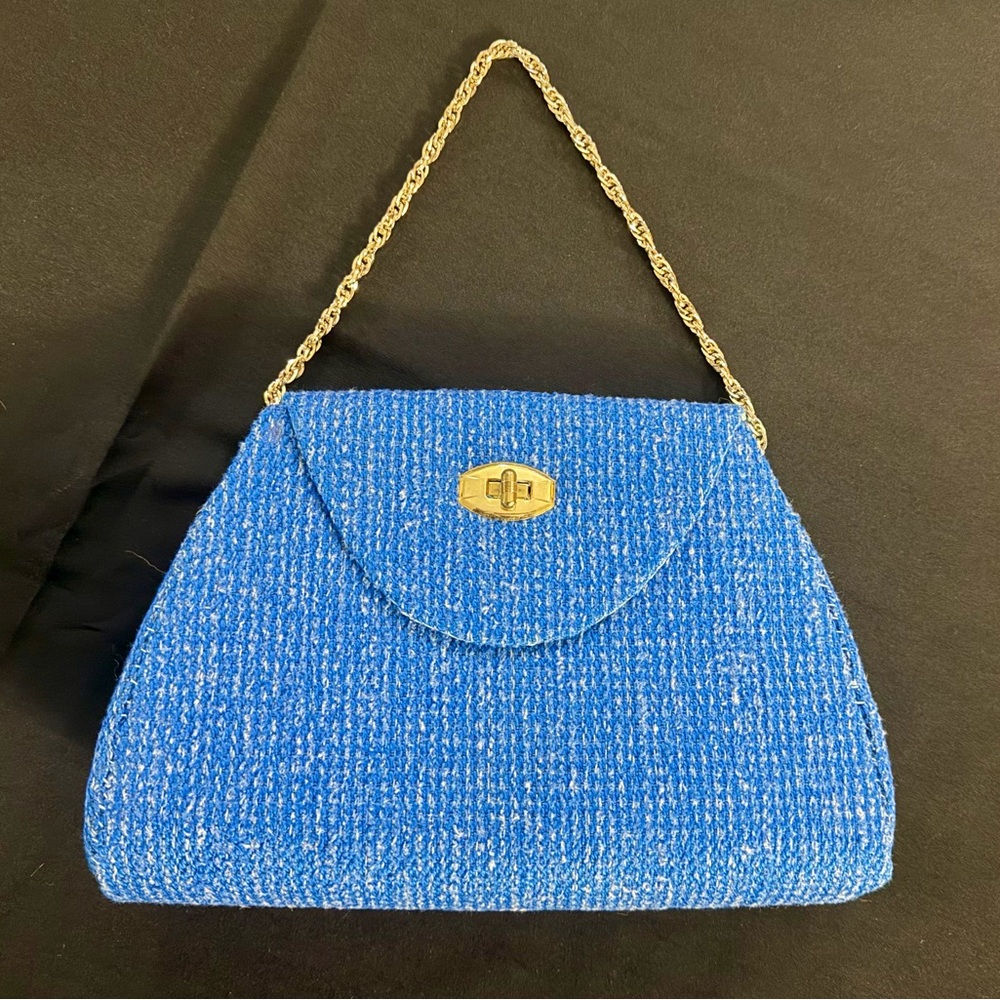 ✨ Vintage Blue Tweed Evening Bag – Gold Chain Handle & Satin Brocade Lining ✨